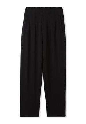 Pantaloni neri su misura con vita alta, dotati di pieghe, due tasche laterali e un taglio dritto. Tessuto liscio e strutturato.