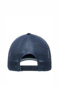 Marinblå keps med nättyg på baksidan, böjd skärm och justerbar tryckknappslåsning. Har en texturerad yta och en rundad topp.