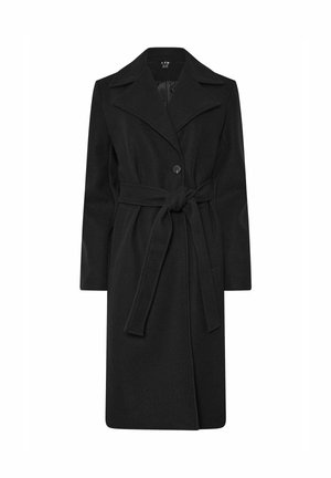 Cappotto di lana nera con colletto a fazzoletto, chiusura auno bottone, cintura anteriore e due tasche laterali. Tessuto morbido, design fino al ginocchio.