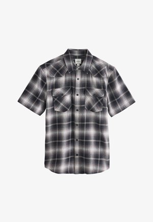 Fekete, szürke és fehér kockás rövid ujjú ing, két mellzsebbel, gombos záródással és klasszikus gallér kialakítással.
