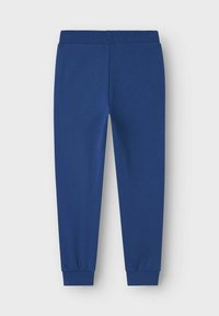 Blaue Sweatpants aus weichem Baumwollmaterial, mit einem gerippten Bund und elastischen Bündchen. Glatte Textur, gerades Bein-Design ohne Muster.