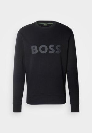 Black sweatshirt featuring a crew neck and long sleeves. The front displays a raised, glossy "BOSS" logo in the center.