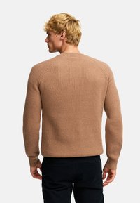 Brązowy sweter z prążkowanej dzianiny, z okrągłym dekoltem i długimi rękawami; posiada szwy raglanowe na ramionach oraz teksturowany wzór. 