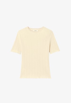 Haut à manches courtes en maille côtelée couleur crème avec encolure ronde et bords subtilement festonnés aux manches et à l'ourlet.