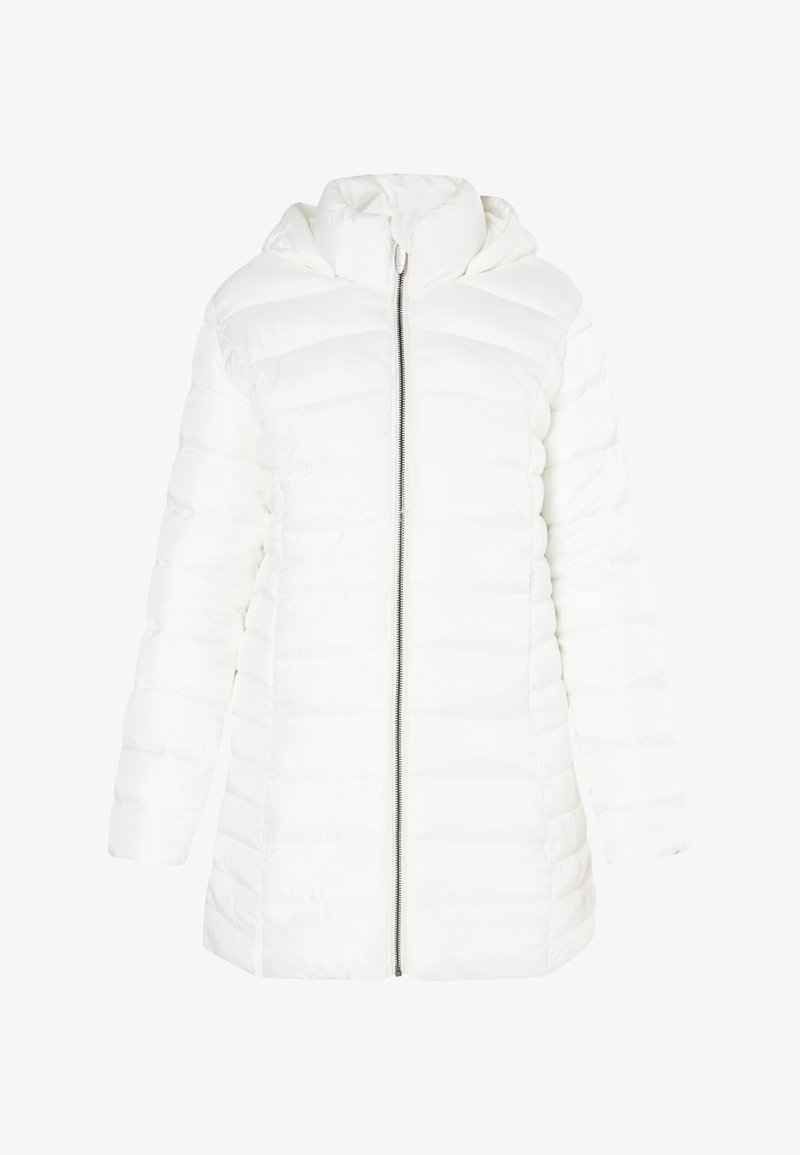 Hvid oppustelig jakke med hætte, der har en fuld frontlynlås, quiltet tekstur og lange ærmer. Minimalistisk design uden synlige logoer.