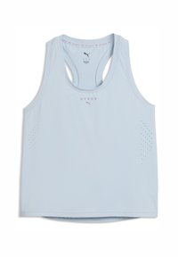 Lichtblauw sportief tanktop zonder mouwen met racerback, kleine ventilatiegaatjes aan de zijkanten, en "HYROX" en Puma-logo's in roze aan de voorkant.