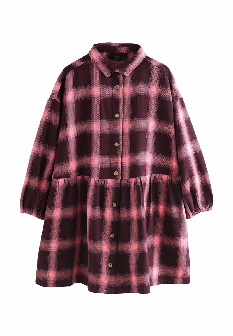 Robe à manches longues boutonnée avec motif à carreaux rose et violet foncé et détail froncé à la taille.