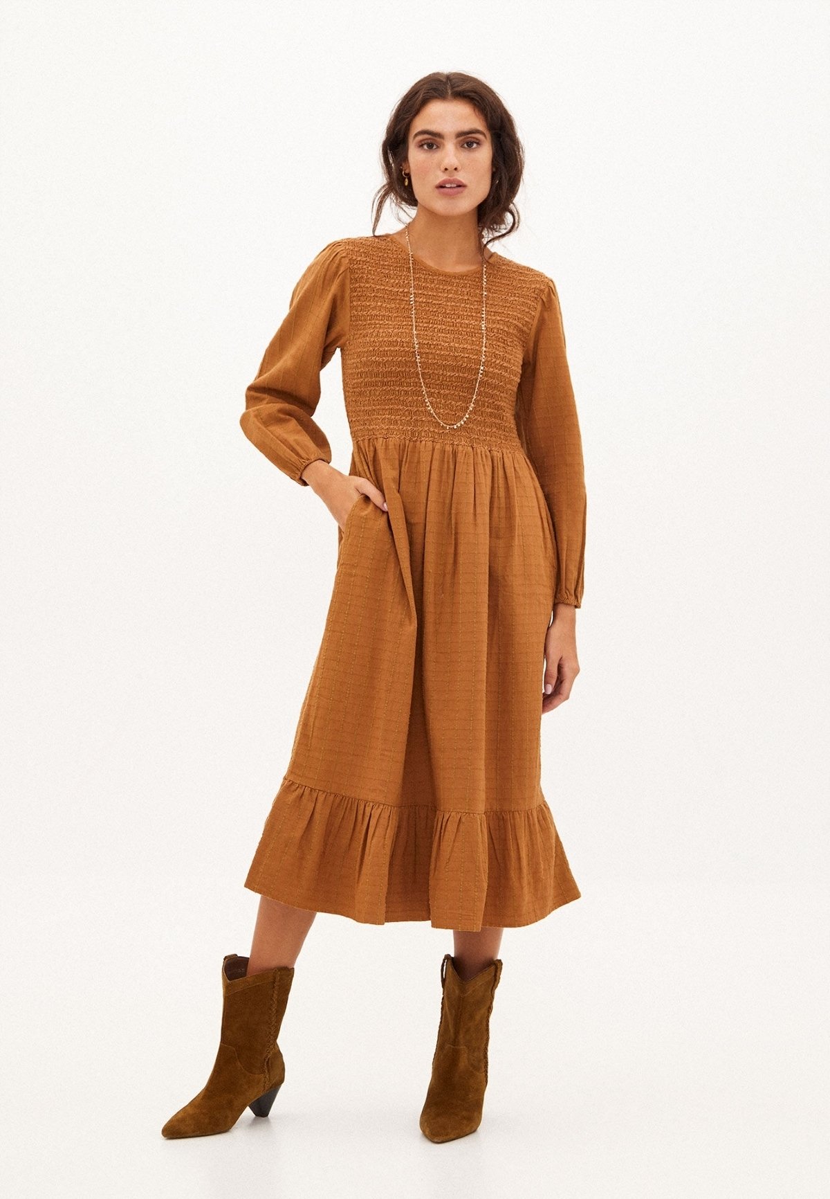 Robe Raglan Robe Bio Ethique AMAYA Long Camel Dress With Ethnic Print
