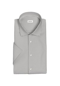 Grijze overhemd met een ruitpatroon, gemaakt van stof met een frisse textuur, voorzien van een gespreide kraag en witte knopen aan de voorkant.