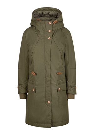 Olivengrøn parka med hætte, der har fire forknapper, sidelommer og elastiske manchetter. Glat tekstureret stof med kviltet foer.