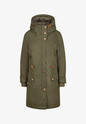 Olíva zöld parkakabát kapucnival, négy elülső gombbal, oldalsó zsebekkel és rugalmas mandzsettákkal. Simaszerkezetű anyag, steppelt béléssel.