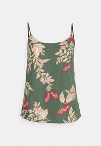 Zelený bezrukávový top s květinovým vzorem v růžové a červené barvě, zdobený jemnými akcenty motýlů a volným střihem. Měkká textura látky.