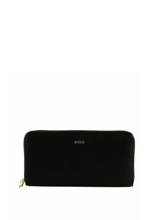 Portefeuille rectangulaire noir à fermeture éclair avec logo BOSS doré et tirette dorée, présenté sur un fond blanc uni.