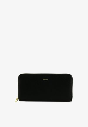 Portefeuille rectangulaire noir à fermeture éclair avec logo BOSS doré et tirette dorée, présenté sur un fond blanc uni.