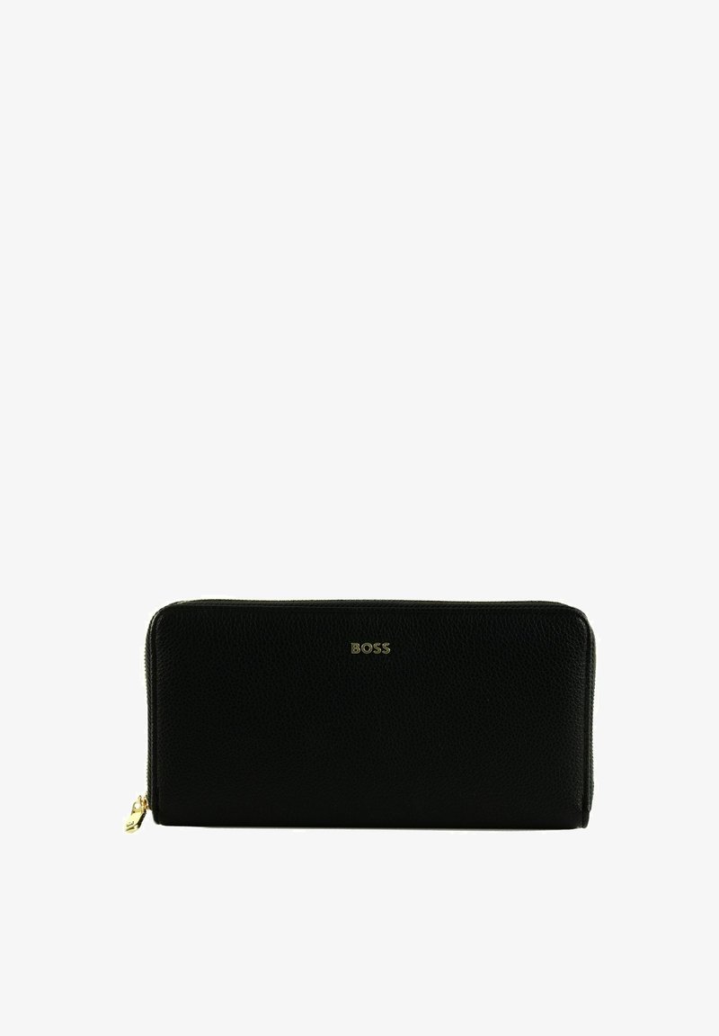 Portefeuille rectangulaire noir à fermeture éclair avec logo BOSS doré et tirette dorée, présenté sur un fond blanc uni.