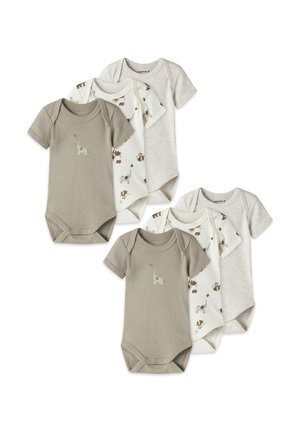 Sechs kurzärmelige Babybodys in Beige, Creme mit Tiermotiven und Hellgrau, in zwei gestapelten Reihen angeordnet.