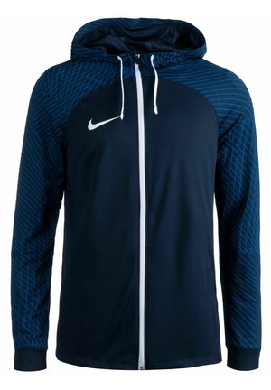 Navyblaue Nike Kapuzenjacke mit Reißverschluss, weißem Reißverschluss und Kordeln, mit strukturierten, gemusterten Ärmeln und Kapuze.