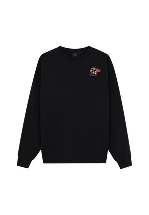 Zwarte sweatshirt van katoen, met lange mouwen en een ronde hals. Geborduurde afbeelding op de linkerborst in levendige kleuren.