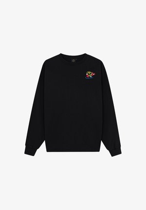 Zwarte sweatshirt van katoen, met lange mouwen en een ronde hals. Geborduurde afbeelding op de linkerborst in levendige kleuren.