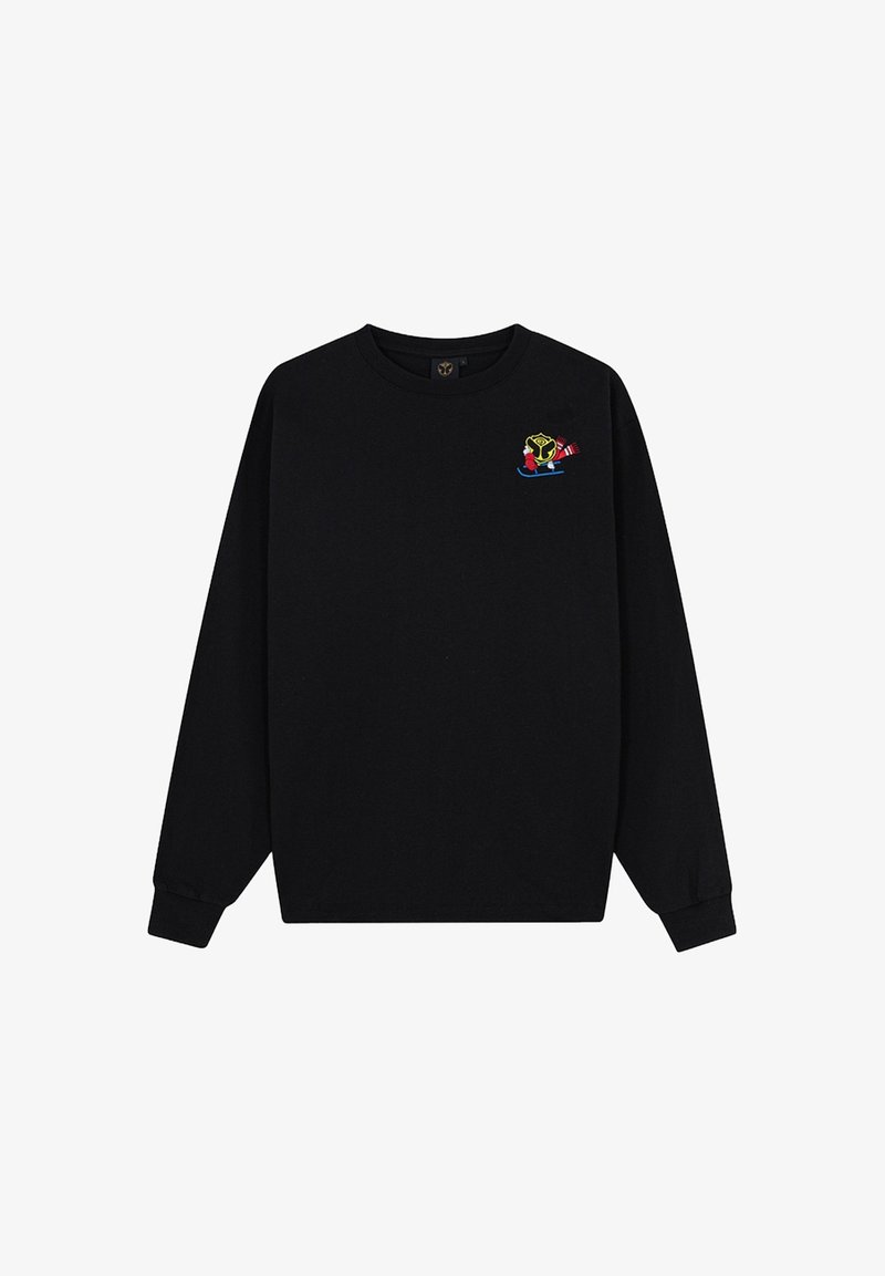 Zwarte sweatshirt van katoen, met lange mouwen en een ronde hals. Geborduurde afbeelding op de linkerborst in levendige kleuren.