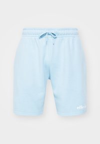 Shorts décontractés bleu clair avec ceinture élastique et cordon de serrage, ornés d'un petit logo blanc Ellesse sur la partie inférieure de la jambe gauche.