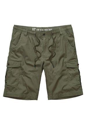 Olivgrüne Cargo-Shorts aus leichtem Stoff. Mit elastischem Bund, Kordelzug und mehreren Seitentaschen mit Knopfdetails.