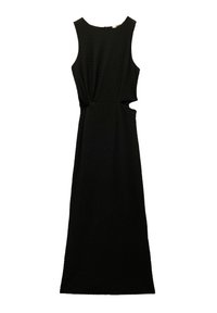 Zwarte mouwloze jurk van textuurstof met een fitted taille en uitsparingen aan de zijkanten, met een vloerlange pasvorm.