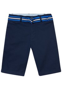 Námořnické modré šortky s plochým předním dílem, poutky na pásek a pruhovaným tkaným páskem v modré, bílé a černé barvě. Vyrobeny z lehkého materiálu.