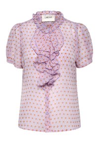 Lila Bluse mit kurzen Puffärmeln, ausgestattet mit einer rüschierten Vorderseite, Knopfverschluss und einem diamantförmigen Muster in Orange und Weiß.