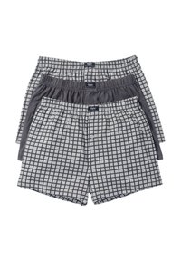 Tre paia di boxer grigi e bianchi. Il primo paio presenta un motivo a rete, mentre gli altri due sono grigi solidi. Vita elastica.
