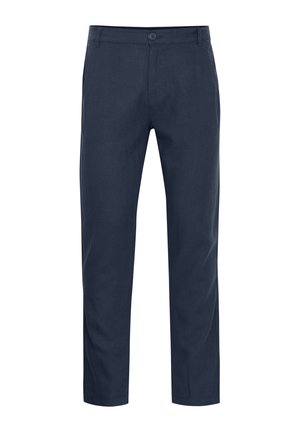 Navy blue trousers made of a smooth fabric, featuring a button closure, belt loops, and a tapered leg design. NO visible patterns or accents.