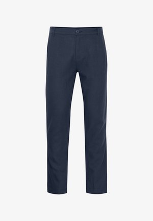 Navy blue trousers made of a smooth fabric, featuring a button closure, belt loops, and a tapered leg design. NO visible patterns or accents.
