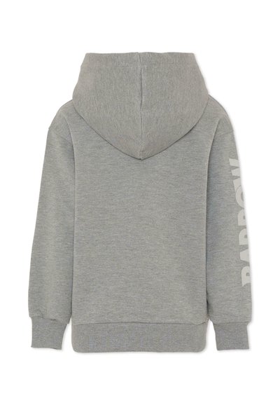 Felpa grigia con cappuccio ampio, polsini e orlo a costine, e una grande stampa bianca con la scritta "BARROW" lungo la manica destra.