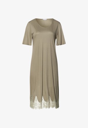 Abito khaki a maniche corte realizzato in tessuto morbido, con scollatura rotonda e orlo in pizzo ondulato di colore verde chiaro.