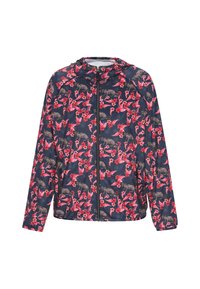 Blomstermotiveret jakke med navy baggrund, lyserøde blomster og brune dyremotiver, med lynlås foran og hætte.