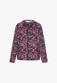 Chaqueta con estampado floral que presenta un fondo azul marino, flores rosas y motivos de animales beige, con cierre de cremallera y diseño con capucha.