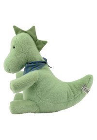 Green plush dinosaur toy with textured spikes on the back, soft body, and a blue scarf patterned with small green designs.