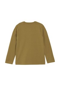 Long-sleeve shirt in olive green, features a round neckline, soft texture, and clean seams, with no visible patterns or accents.