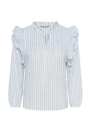 Helehallid ja valged vertikaalsed triibudega pikkade varrukatega pluus, millel on volangidega õlakoht ja väike V-kaelus.