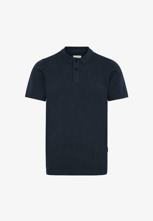 Tmavě modré polo tričko s krátkým rukávem z texturované tkaniny, s klasickým límečkem, tříknoflíkovým zapínáním a čistým zakončením na lemu.