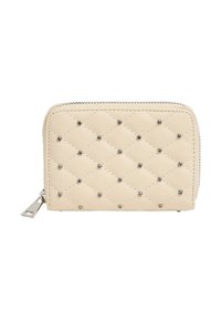 Portafoglio trapuntato beige con dettagli in metallo argentato, chiusura con zip e un design elegante. Presenta cuciture a motivo diamante e una zip in metallo.