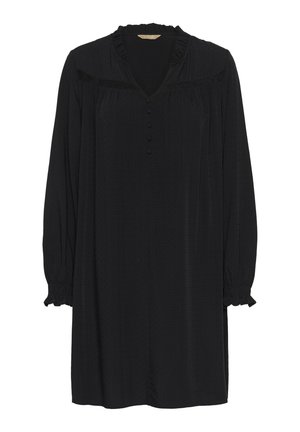 Melna kleita no viegla auduma ar smalku faktūru. Tai ir V veida izgriezums, volānu apkakle, pogu aizdare un savilktas piedurknes.