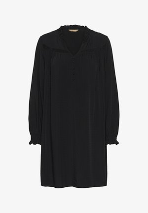 Melna kleita no viegla auduma ar smalku faktūru. Tai ir V veida izgriezums, volānu apkakle, pogu aizdare un savilktas piedurknes.