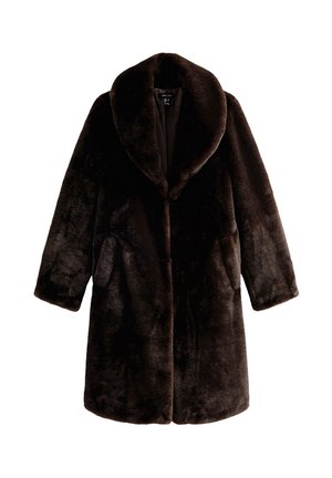 Bruine nepbontjas met een brede kraag, losse pasvorm, verborgen sluiting aan de voorkant en twee zijzakken; zachte textuur en fluffy uitstraling.