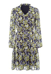Robe à manches longues en V avec un motif géométrique jaune, bleu et blanc, des poignets élastiques, un ourlet volanté et une fine ceinture à nouer à la taille.