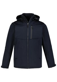 Marineblaue Jacke mit Kapuze, Frontreißverschluss und sichtbaren Nähten. Sie verfügt über zwei Seitentaschen und eine Brusttasche mit Reißverschluss.
