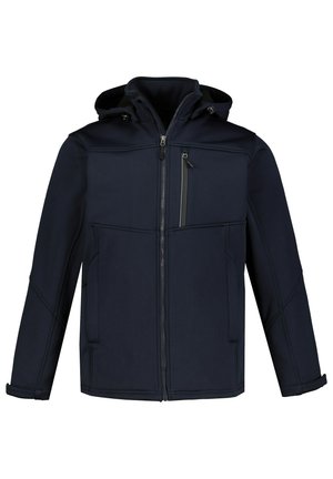 Marineblauwe jas met een capuchon, voorrits en zichtbare stiksels. Het heeft twee zijzakken en een borstzak met een ritssluiting.