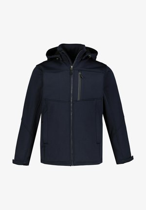 Marineblauwe jas met een capuchon, voorrits en zichtbare stiksels. Het heeft twee zijzakken en een borstzak met een ritssluiting.