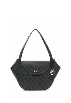 Black Guess handbag with all-over logo pattern, gold "G Guess" emblem on front flap, and small hanging charms including a key and tag.