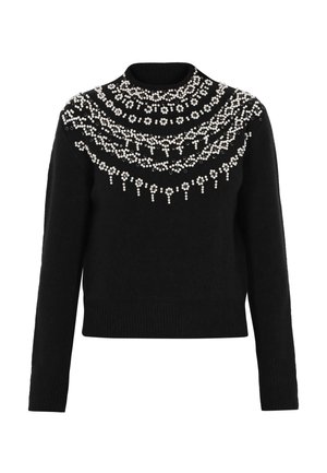 Musthave mustreening kõrge kaelusega must särk, millel on valged lillemustrid helkivad beedid, mis on kihiliselt asetatud rinna ja õlgade piirkonda.